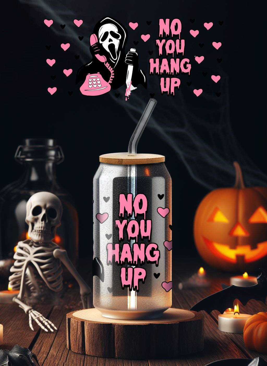 No you hang up- (scream movie) Glass Cups With Lids And Straws, Reusab –  QBA Creations