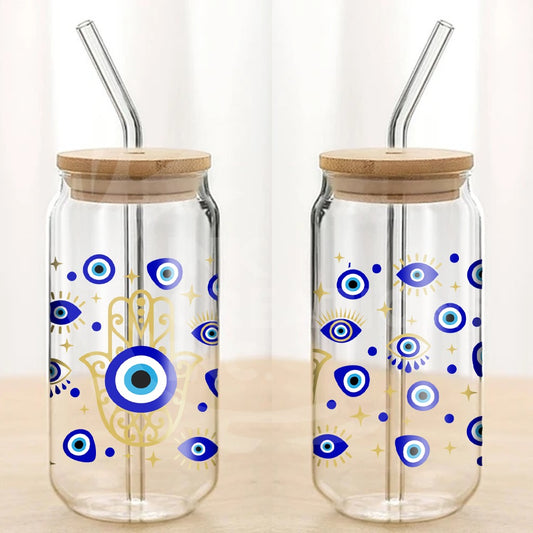 Evil Eye Glass Cup with Lid and Straw