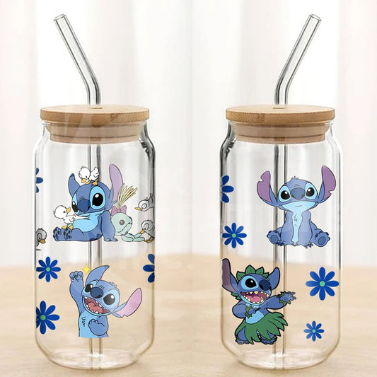 Stitch Glass Cups With Lids And Straws, Reusable