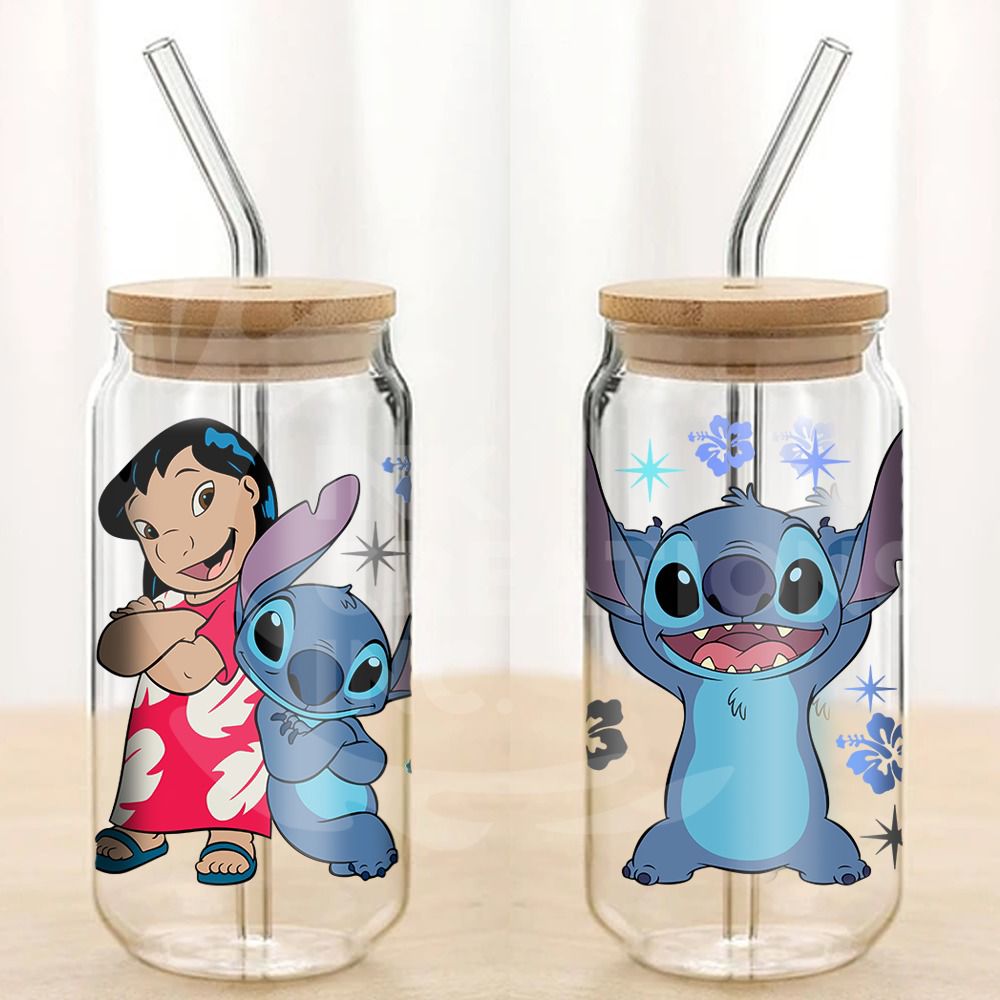 Lilo & Stitch Glass Cups With Lids And Straws, Reusable